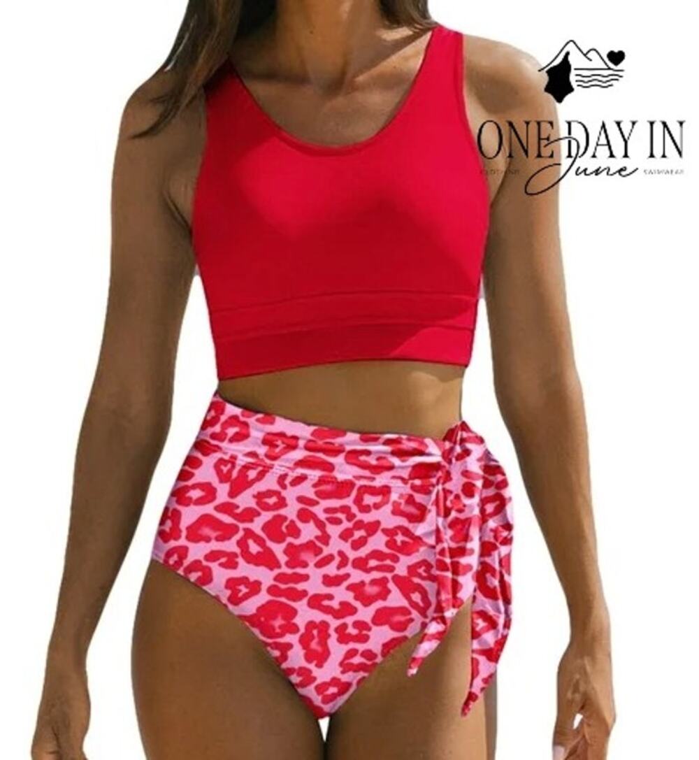 Dokotoo Red Crop Top High Waist Pink Leopard Bikini Swimsuit NWT Size XL